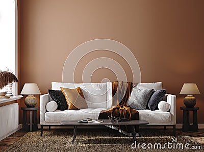 Home mockup, brown warm color living room with sofa and decoration Stock Photo