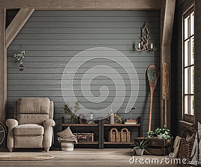 Home mockup, cozy barn interior background Stock Photo