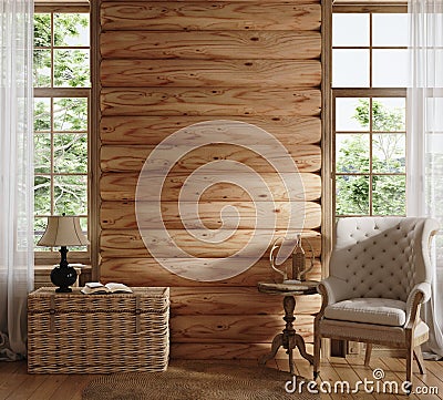 Home mockup, cozy log cabin interior background Stock Photo