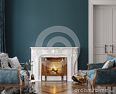 Home mockup, dark classic interior with burning fireplace Stock Photo