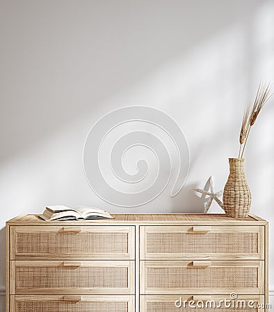Home mockup, interior background with rattan furniture and blank wall, Coastal style Stock Photo