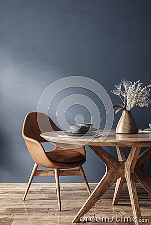 Home mockup, modern dark blue dining room interior with brown leather chairs, wooden table and decor Stock Photo