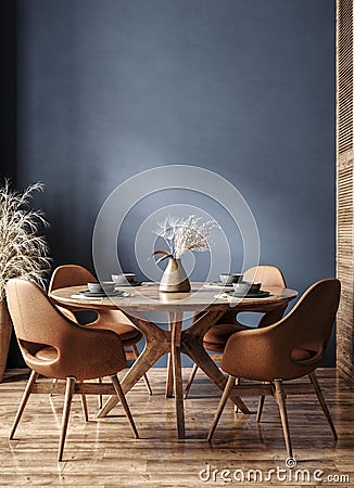 Home mockup, modern dark blue dining room interior with brown leather chairs, wooden table and decor Stock Photo