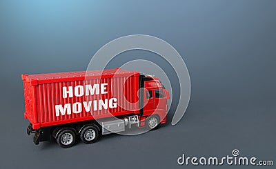 Home moving truck transporting company. Delivery services to another house. Relocation to a new housing. Transportation and Stock Photo