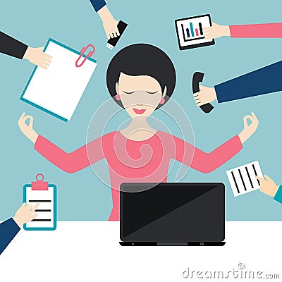 Home office. Businesswoman in lotus meditation position in work office. Multitasking concept. Flat illustration Vector Illustration