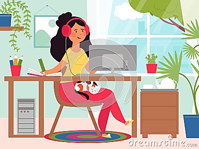 Home office. Cartoon working girl, business woman work remote. Female sitting at computer, flat student online education Vector Illustration