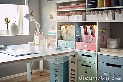 home office with color-coded filing system, paper and pens in place, and clean desk Stock Photo
