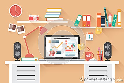 Home office desk - flat design, long shadow, work desk Vector Illustration