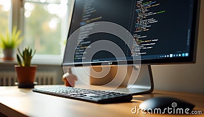 Home Office for Developers: Desktop Coding Setup Stock Photo