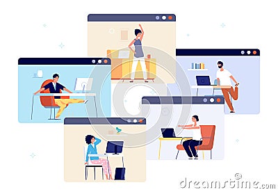 Home office exercise. Work break relax, business people working online and doing yoga. Wellbeing training, mind clear Vector Illustration