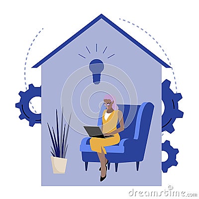 Home office, girl remote working with laptop within quarantine and isolation Vector Illustration
