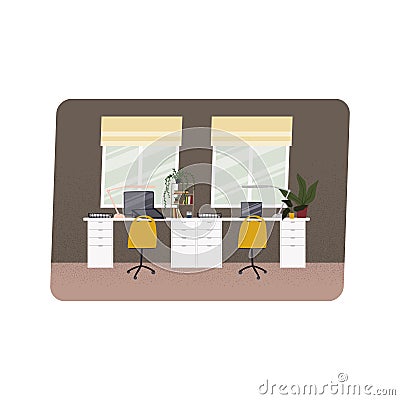 Home office hand drawn flat style illustration. Desk for two work spaces. Freelancer work place Cartoon Illustration