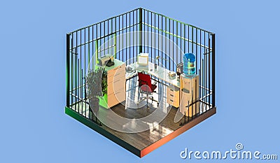 Home Office Interior, in Cut. Feeling Like Behind Bars and Under Imprisonment. 3d Rendering. Stock Photo