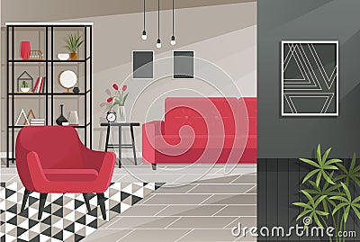 Home office interior. Vector illustration. Modern loft interior of open space home office with furniture Vector Illustration