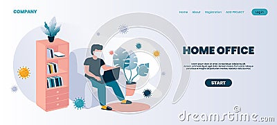 Home office landing page. Coronavirus isolation and remote jobs or freelance occupation. Cartoon man working with laptop Vector Illustration