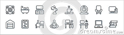 Home office line icons. linear set. quality vector line set such as book, desk, working, garage, armchair, television, coffee, Vector Illustration