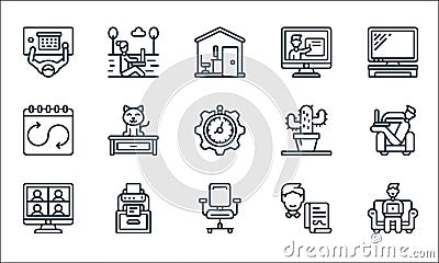 Home office line icons. linear set. quality vector line set such as working man, office chair, video call, contractor, printer, Vector Illustration