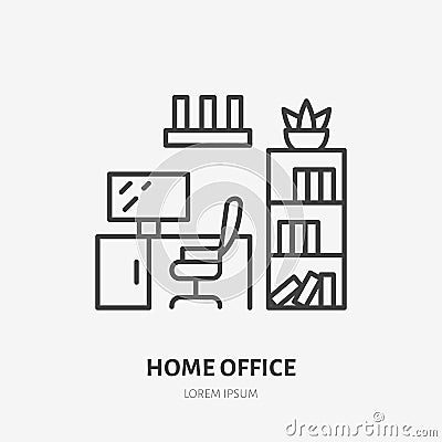 Home office, study room flat line icon. Apartment furniture sign, vector illustration of cabinet table, chair, bookcase Vector Illustration