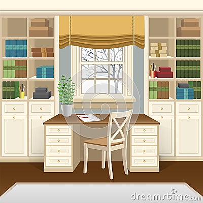 Home office or study room interior with table below the window, bookcases and chair Cartoon Illustration