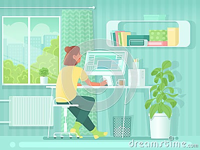 Home office. A woman is sitting at a desk in front of a computer in the room. Girl student or freelancer at work Cartoon Illustration