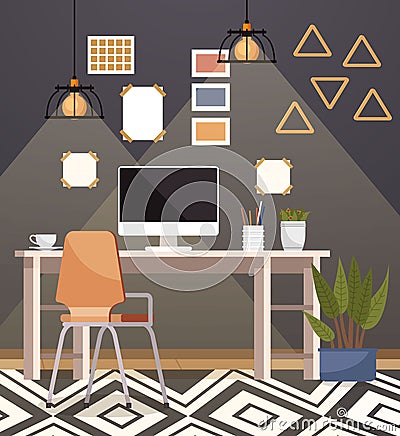 Home office. Work from home. Home office provides a dedicated workspace within the comfort of home Office area is Vector Illustration