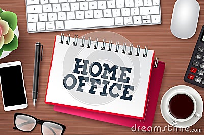 Home office work vector banner template. Home office text in white space with freelancing elements Vector Illustration