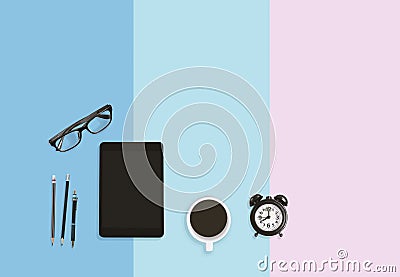 Home office working area, Alarm clock, Coffee, pencils, eyeglasses and tablet on pastel background Stock Photo
