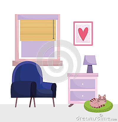 Home office workplace blue chair side table with lamp picture and window Vector Illustration
