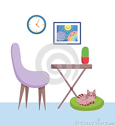 Home office workplace chair table potted cactus clock picture and cat in cushion Vector Illustration