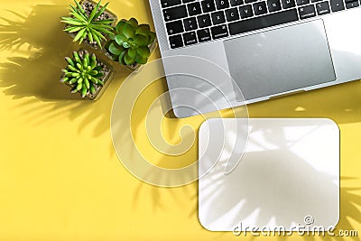 Home office workplace flatlay Notebook mouse pad Stock Photo