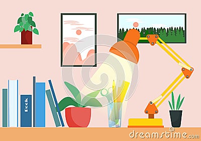 Home office Workspace concept, lamp with light, picture frame, books, plant on desk, flat vector illustration Pink style Vector Illustration