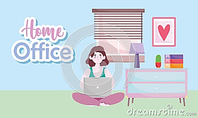 Home office workspace, woman using laptop sitting floor in room with table lamp plant and books Vector Illustration
