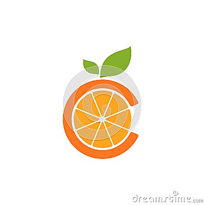 Circle orange fruit logo, with C letter initial symbol outside and a stalk and a leaf. Vector Illustration