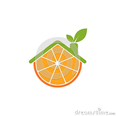 Circle orange fruit logo, with house roof and a leaf shaped chimney. Vector Illustration