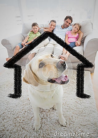 Home outline with dog and family at home Stock Photo