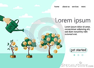 The home page of a website with an increase in cash income. Business. Deposit. Vector illustration of money trees Vector Illustration