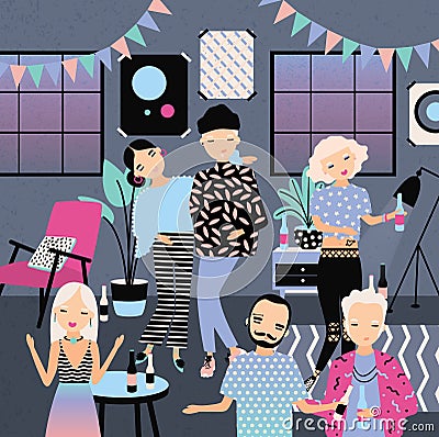 Home party with dancing, drinking people. Fashionable young guys and girls in bright clothes. Colorful vector Vector Illustration