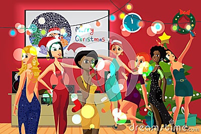 Home Party New Year or Christmas. Girls dancing in a room Vector Illustration