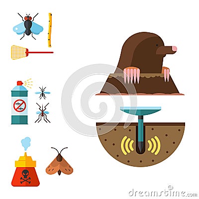 Home pest insect vector control expert vermin exterminator service pest insect thrips equipment flat icons illustration. Vector Illustration