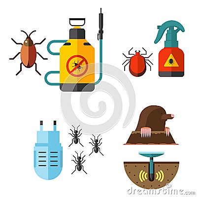 Home pest insect vector control expert vermin exterminator service pest insect thrips equipment flat icons illustration. Vector Illustration