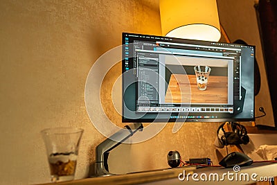 In home photography studio | photoshoot DIY set up | Camera system, light and screen Editorial Stock Photo