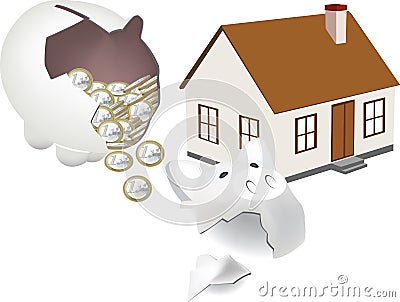 Home and piggy bank broken with coin leak Vector Illustration