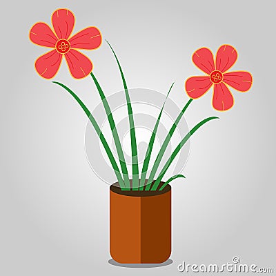Home plant in flower on brown pot.Spring colorful flowers in pots. A creative vector illustration with white background Vector Illustration