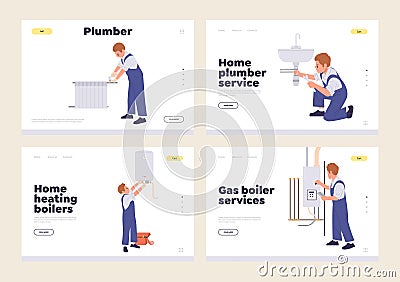 Home plumber, gas water boiler or heating system repair and maintenance online service landing page Vector Illustration