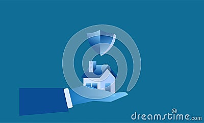 Home protection big hand holding shield for protecting tiny house Vector Illustration