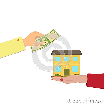 Home purchase concept. Hands Exchange money for a house. Vector Illustration