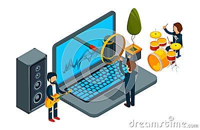 Home record studio. Isometric guys record song on laptop. Vector musicians and singer Vector Illustration