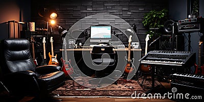 Home recording studio with various instruments , concept of Music production equipment, created with Generative AI Stock Photo