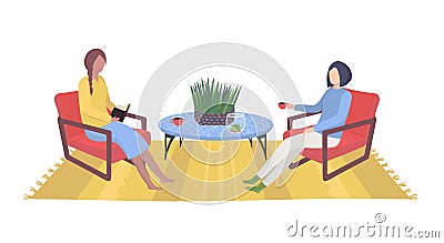 Home recreation woman character sitting and friendly talk, couple girlfriend dialogue drink tea cartoon vector Vector Illustration