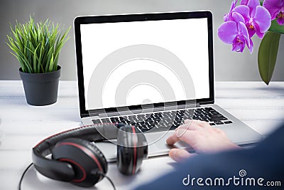 Home relax concept, a man listens to music at home. Stock Photo
